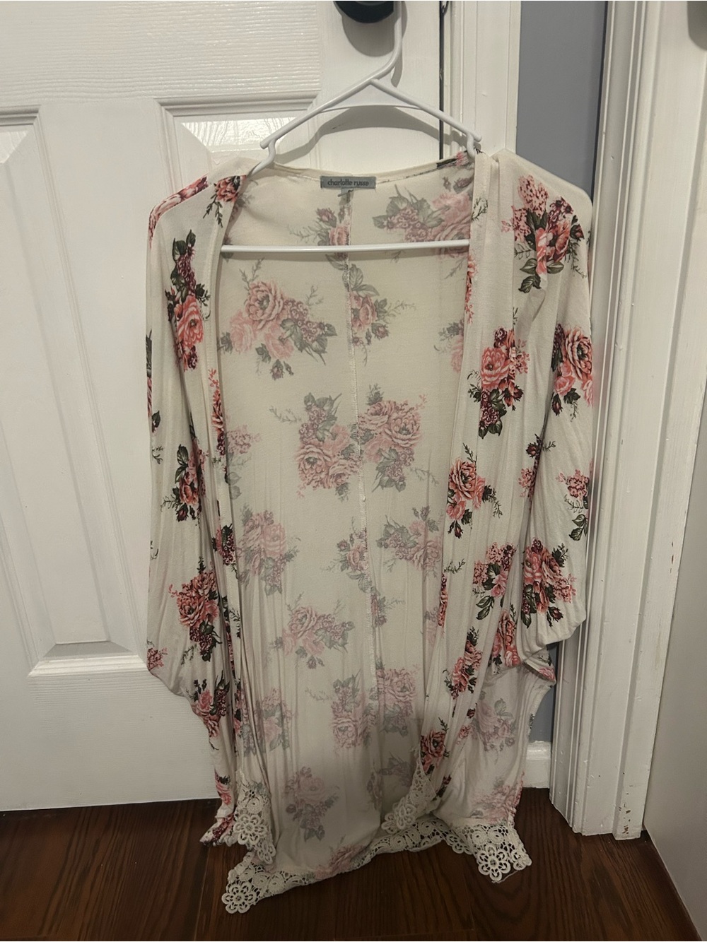Charlotte Russe Cream Floral Lace-Trim Open Kimono